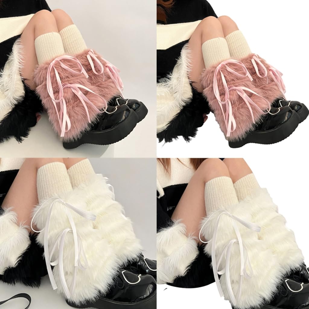 Women Punk Plush Leg Warmers Japanese Sweet Ribbon Bowknot Warm Furry Leg Sleeve Socks