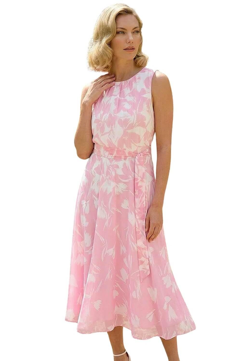 Roman Animal Print Pleated Chiffon Dress for Women UK Ladies Spring Everyday Summer Holiday Round Neckline Comfy Sleeveless Soft Fit & Flare Frock Midi Length Gowns