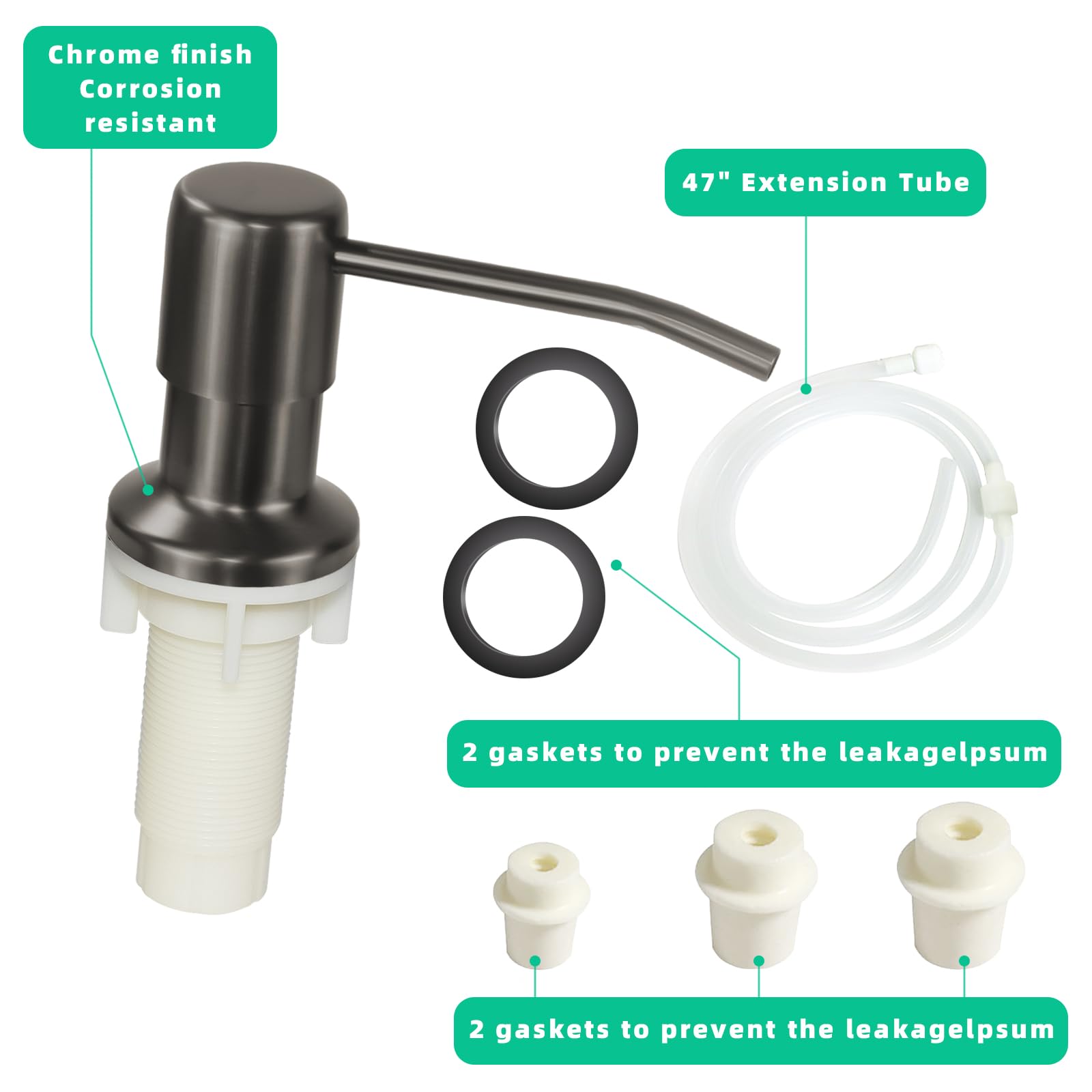 Dispensador de jabón para fregadero de cocina, dispensador de jabón integrado para fregadero, bomba dispensadora de jabón de encimera con kit de tubo de extensión de 47 pulgadas, no es necesario