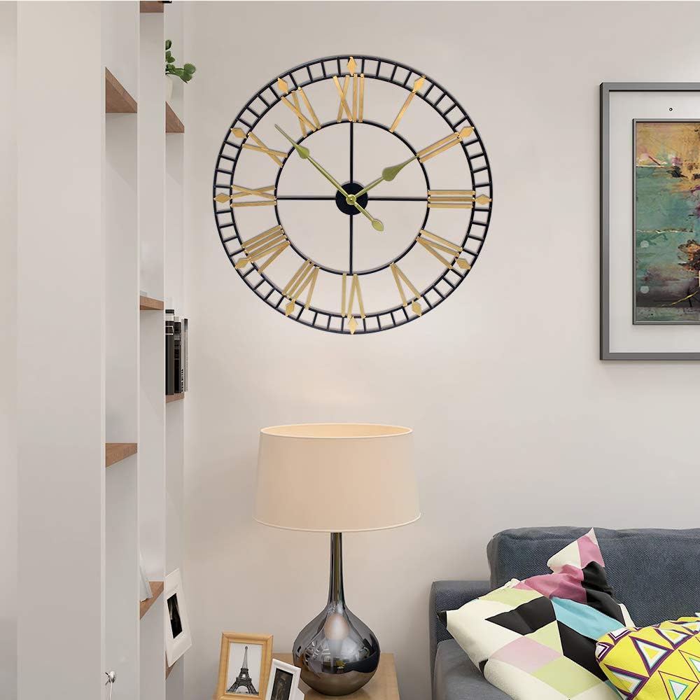 YIDIE 32 inch Pure Metal Large Wall Clock Decor Display Non-Ticking Battery Operated Decor Clocks,Black Gold