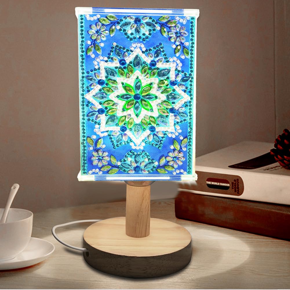 Fiorky Special Shaped Diamond Painting Lamp USB Charge Crystal Drawing Kit Bedside Night Light Mandala Diamond Drawing Bedside Lamp Symmetry Art Literary Flower for Home Decoration Lights