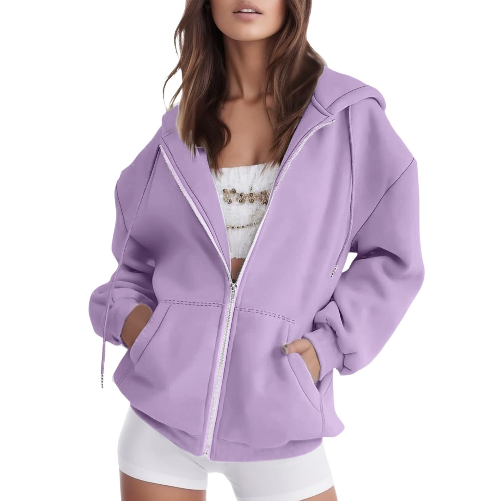 Y2K Womens Zip Up Hoodies Long Sleeve Oversized Sweatshirts Fleece Jacket Pockets 2024 Fall Outfits Fashion Clothes