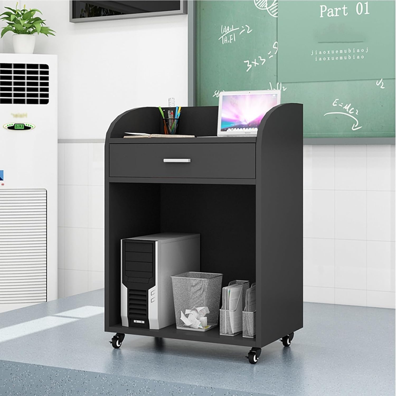 MUYRJLZX Podium Stand Large Podium with Spacious Drawers and Open Space Lecterns Height 41.7 Inches Podium Stand Pulpits with Locking Wheels Stability