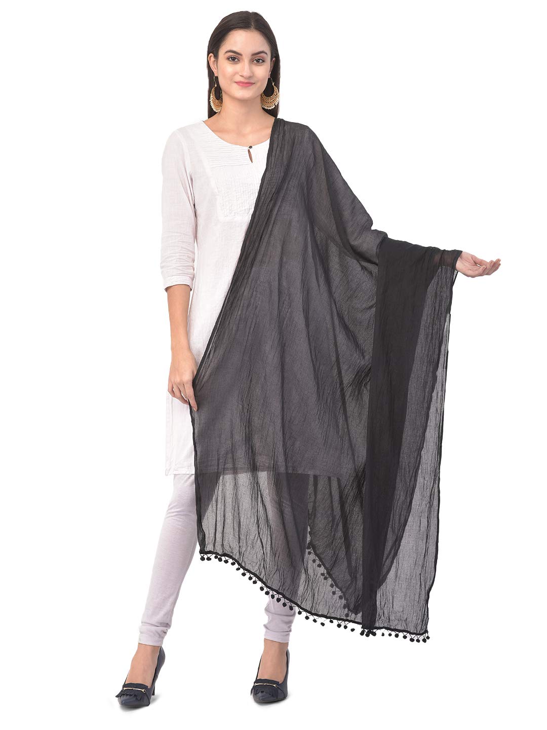 Ananya Fashion & Crafts Hub Women's Black Solid Color Cotton Dupatta For Indian Style With Pom Pom Scarves Wrap Shawl Length 2.25 Meter 24 Inch