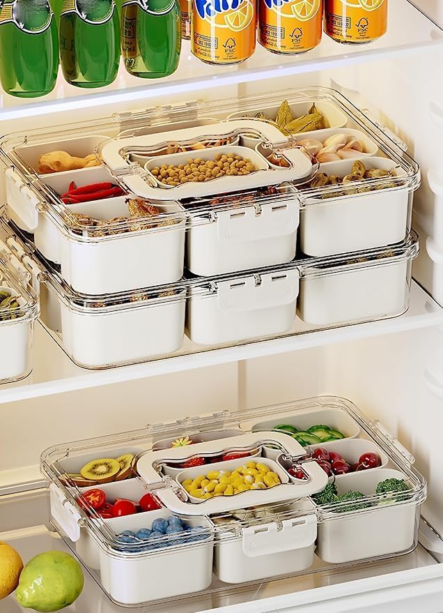 Image of Divided Fridge Storage Boxes With Serving Veggie Tray with Lid and Handle, Fridge Organizer with Removable Compartment, Fridge Storage Containers (9 Compartment-1PCS)