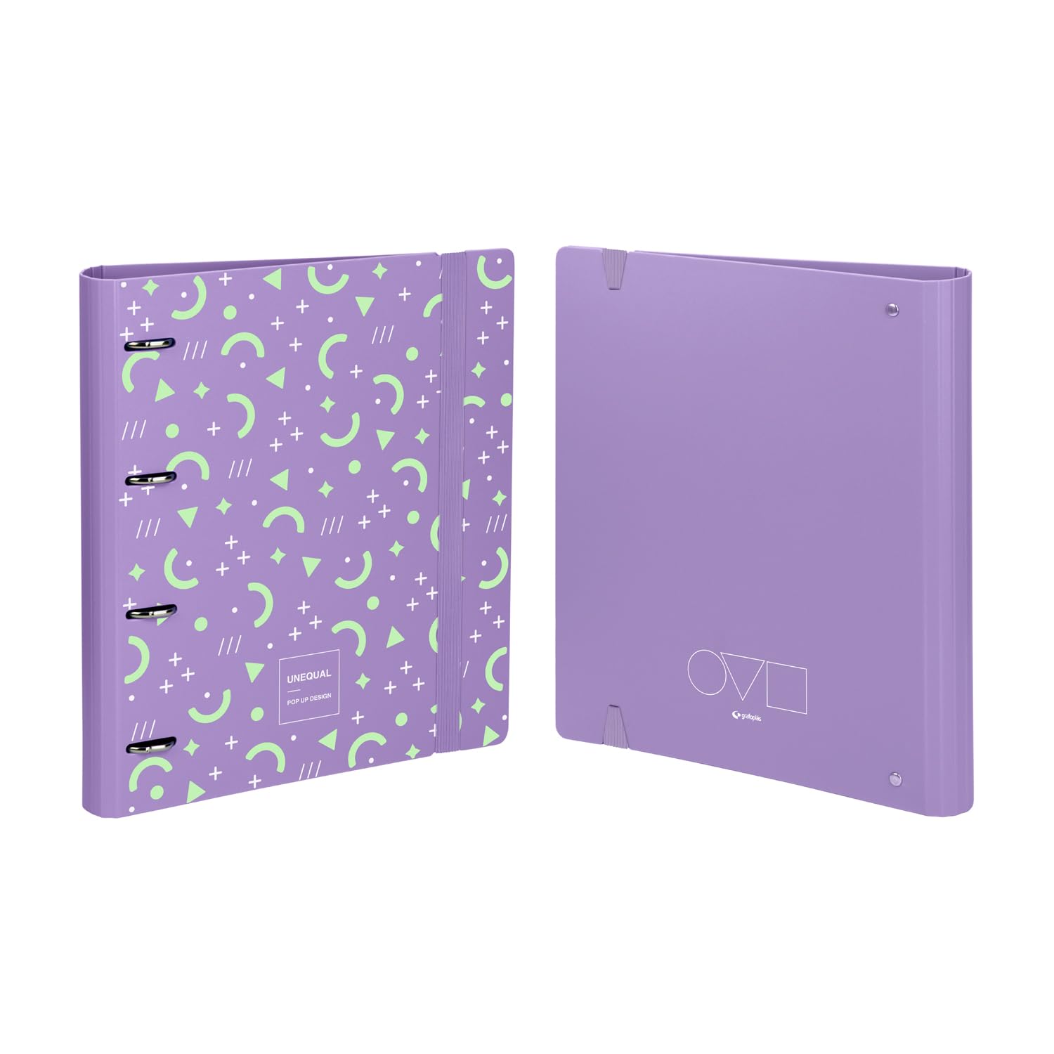 Grafoplas Ordner mit 4 Ringen, A4, mit Nachfüllpackung, Trennblättern, Planner, Aufkleber und transparentem Umschlag, Lavendel, Polyfoam Unequal Pop Up Design, robust und ultraleicht, Öffnung 360