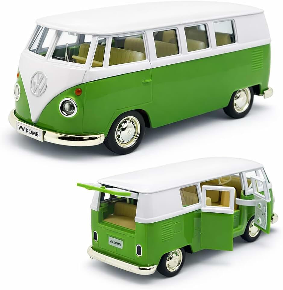 Miniatura de carro Kombi 1969 em metal, Carrinho de ferro Kombi, 1:32, 13 CM, RMZ City (Verde escuro e Branco)