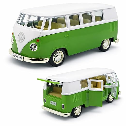 Miniatura de carro Kombi 1969 em metal, Carrinho de ferro Kombi, 1:32, 13 CM, RMZ City (Verde escuro e Branco)