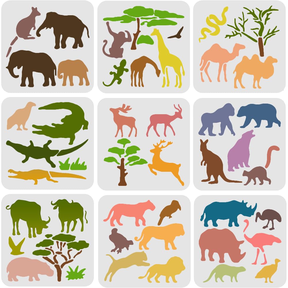 FINGERINSPIRE 9 Pcs Animals Stencils Template 7.9x7.9 inch Plastic Monkey Bear Bird Painting Stencils Elephant Deer Crocodile Rhino Lion Pattern Reusable Stencils for Painting on Wood, Wall and Tile