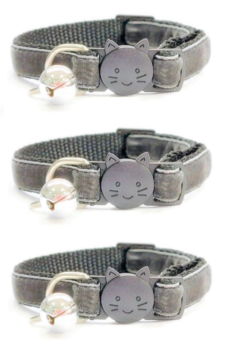 Velvet Cat Collars with Bell. Safe Breakaway Quick Release Buckle. Available in Cat & Kitten Size (Pack of 3) (Kitten Collar (15cm