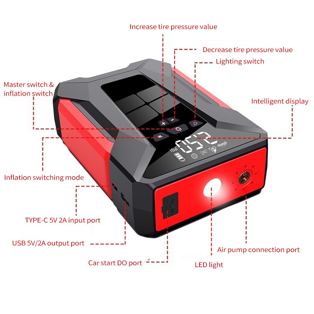 Compresor de aire portátil inflador de neumáticos, bomba de aire eléctrica inalámbrica, arrancador de salto de 10000 mAh 1000 A y compresor de aire con pantalla LED de luz LED para coche, motocicleta