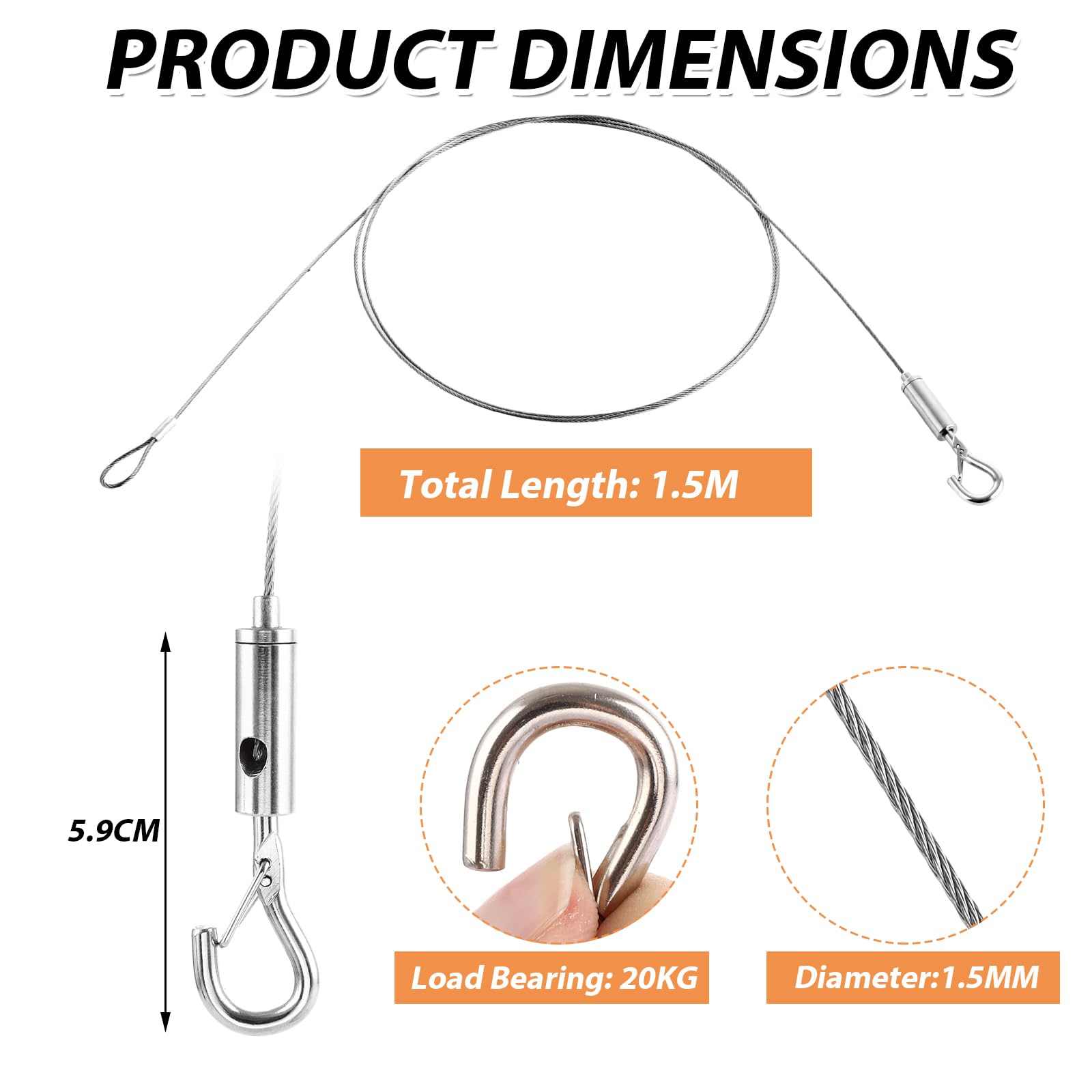 WOPPLXY 15 PCS Picture Hanging Wire Rope, 1.5M x 1.5MM Stainless Steel Picture Rail Hooks and Wire - Image 2