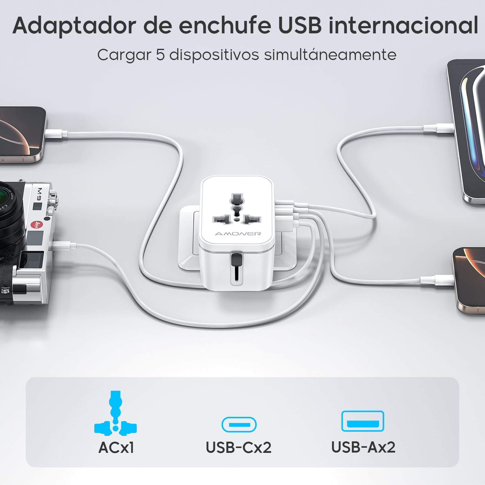 Amoner Adattatore Universale da Viaggio 2 USB C 2 USB A 2KW per 200+ Paesi