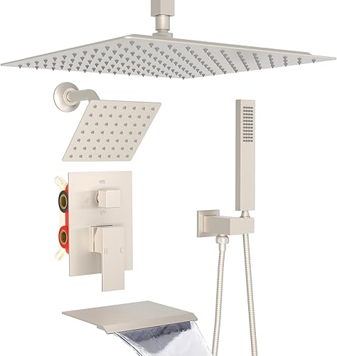 Miniatura 36 de Enga Sistema de ducha de lluvia de oro cepillado con chorros corporales, sistema de chorros de ducha de lluvia de 12 pulgadas, juego de grifo de Oro