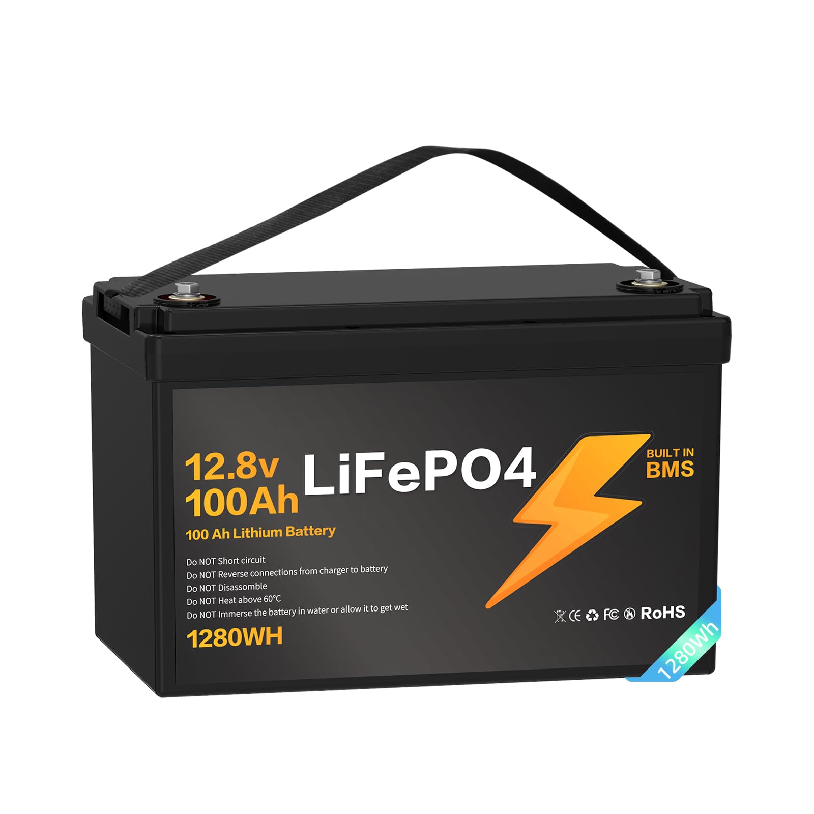 12V 100Ah LiFePO4 Batterie, BMS Integrado, 15000 Ciclos de Descarga Profunda Diseño ligero, Hogar Acampadas Autocaravanas Sistemas Solares Embarcaciones.