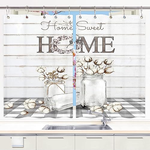 Cortinas de cocina de granja, flores modernas de algodón floral en cuadros cuadriculados, decoración de cocina, cortinas de ventana, juegos de