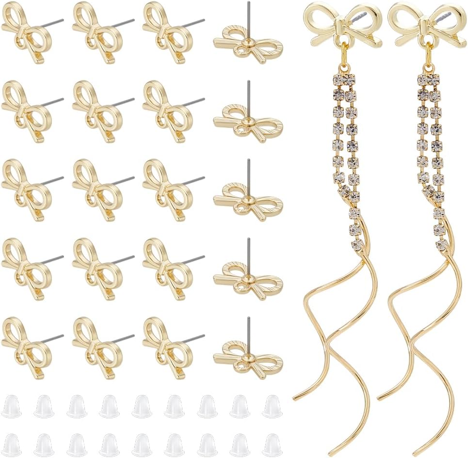 UNICRAFTALE 40Pcs Bowknot Post Earring Findings with Loop Metal Golden Bow Tie Studs Earring Posts with Surgical Steel Pin 100Pcs Plastic Ear Nuts for Women DIY Jewelry Making Accessories