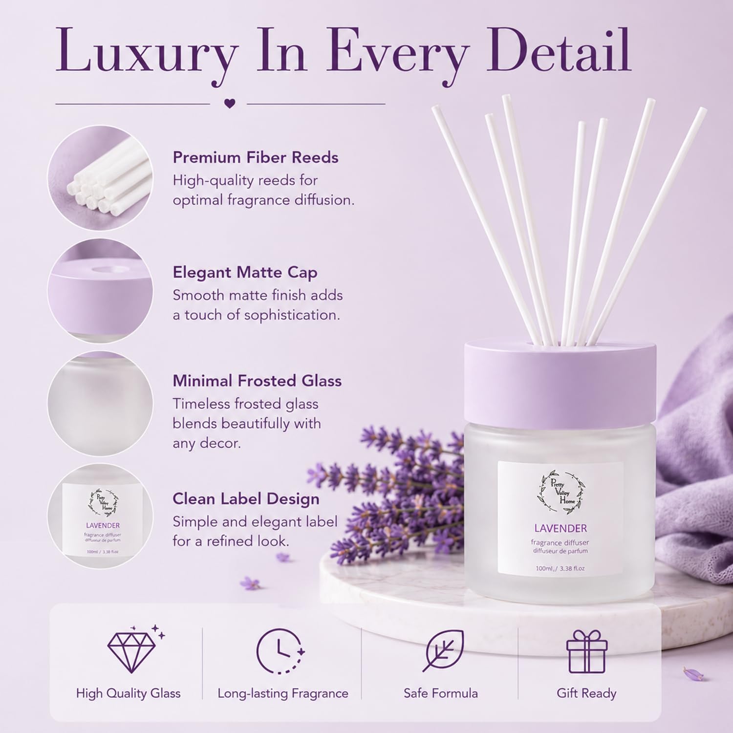 Set di diffusori a bastoncini, 100 ml, confezione regalo, include bastoncini diffusori, olio profumato e bottiglia di vetro, per bagno, ufficio, soggiorno (lavanda)