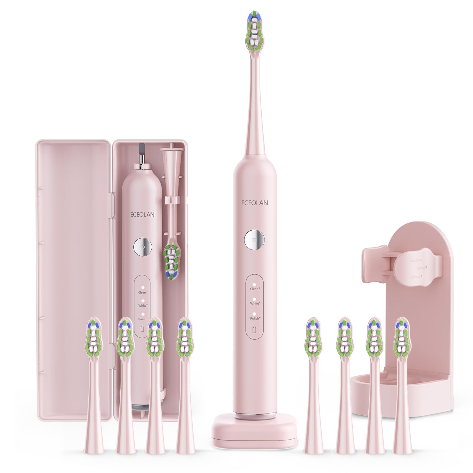 Adult Rechargeable Sonic Toothbrush, IPX7 Waterproof Set with Case, 8 Brush Heads, 2-Min Timer, 60-Day Charge (Pink)