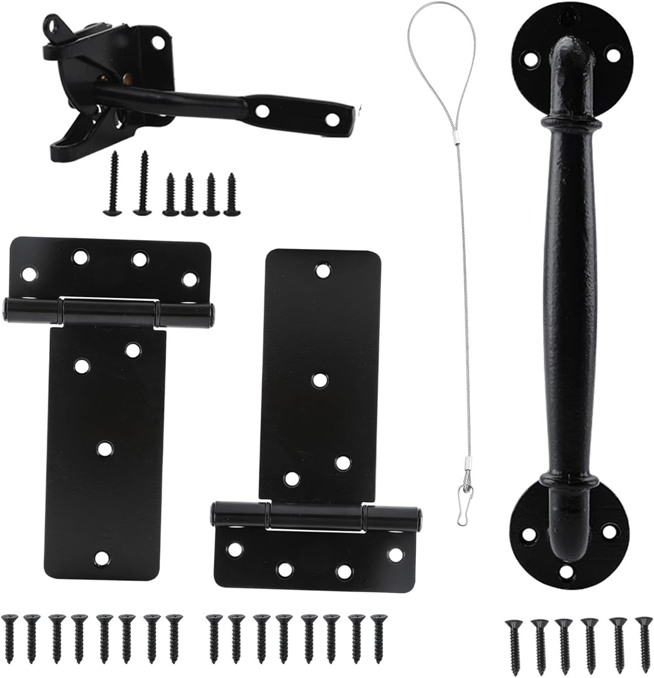 HOME MASTER HARDWARE Heavy Duty Gate Hinge Kit - 6 in Gate T Hinges 2 Pack + Self-Adjusting Gate Latch + 10 inch Industrial Iron Gate Handle Black with Screws