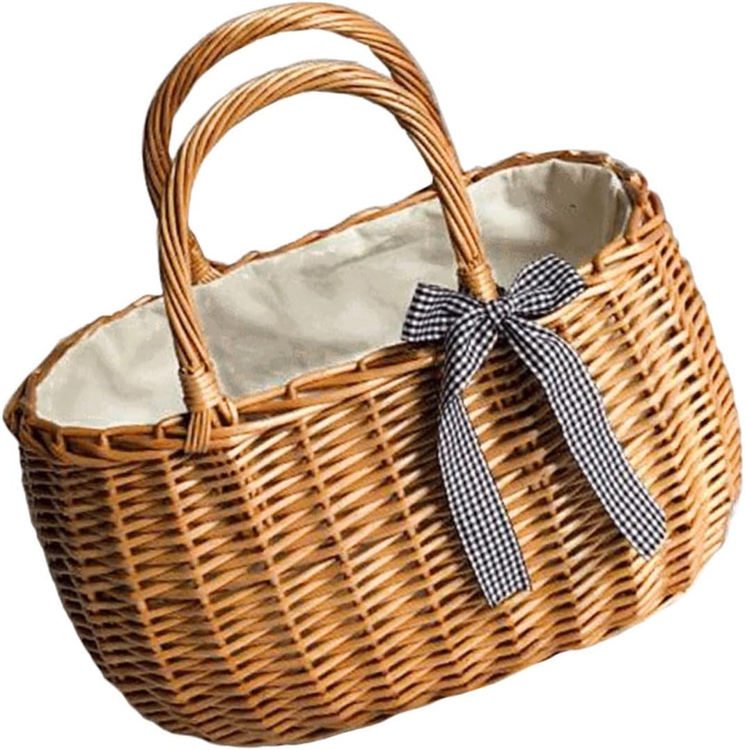 Hand Woven Flower Basket Bag Portable Handheld Woven Rattan Basket Multi-functional Storage for Home Decor