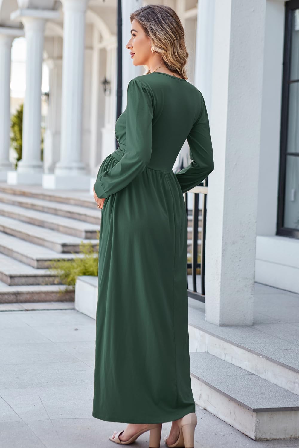 OUGES Fall Maternity Maxi Dress Long Sleeve Wrap V Neck Baby Shower Pregnancy Dresses for Photoshoot Maternity Clothes - Image 5