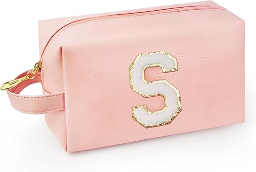 Vista 37 de Bolsa de maquillaje personalizada con inicial y asa, bolsa de cosméticos estilo preppy con bolsillo interior con cremallera, para niñas de 8 a 14