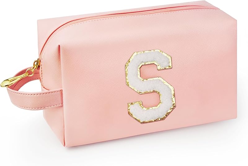 Necessaire de maquiagem WEMVP com alça, bolso interno com zíper e inicial personalizada, Rosa, modelo S