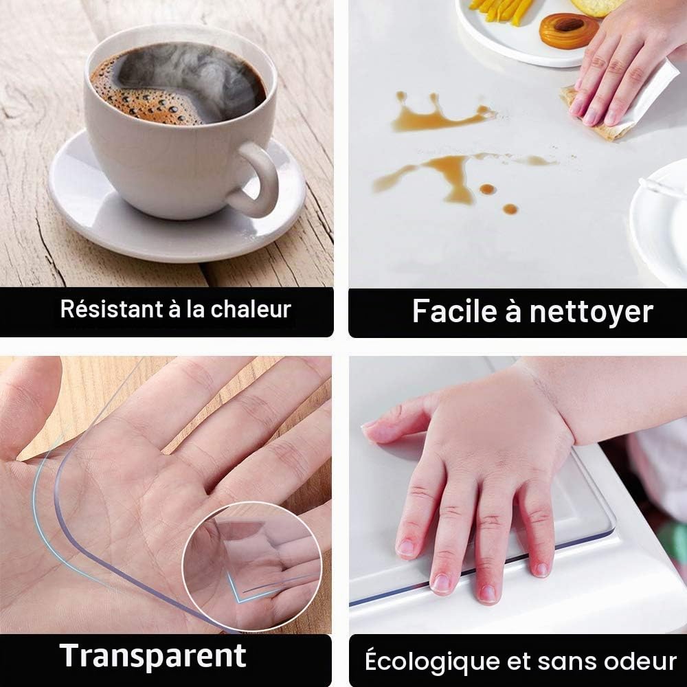 Nappe Transparente Épaisse Transparent 1,5 mm, 90 x 160 cm, avec Bords Biseautés, Protection de Table en PVC, Antidérapante, Résistante aux Rayures, Facile d'entretien