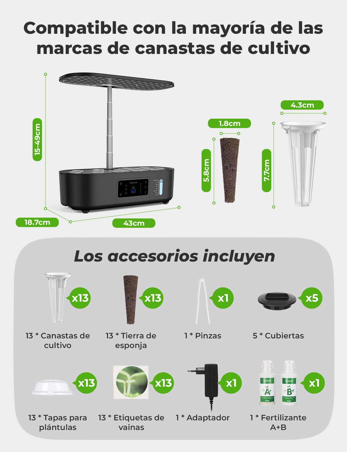 Sistema de Cultivo Hidropónico Kit de Cultivo Interior con Iluminación LED Automática, Huerto Interior con Temporizador Automático, Altura Ajustable (13 Vainas)