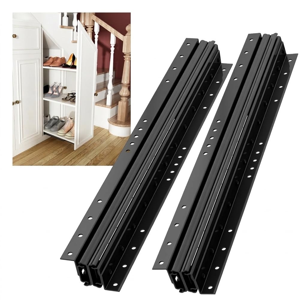 NECILO 600 mm Schwerlastauszug Schubladenschienen mit Bodenhalterung, 3 Falten Vollauszug, Kugellager, Versteckte Gleitschienen für Treppen, Schwarz, 106 KG Tragkraft, 1 Paar