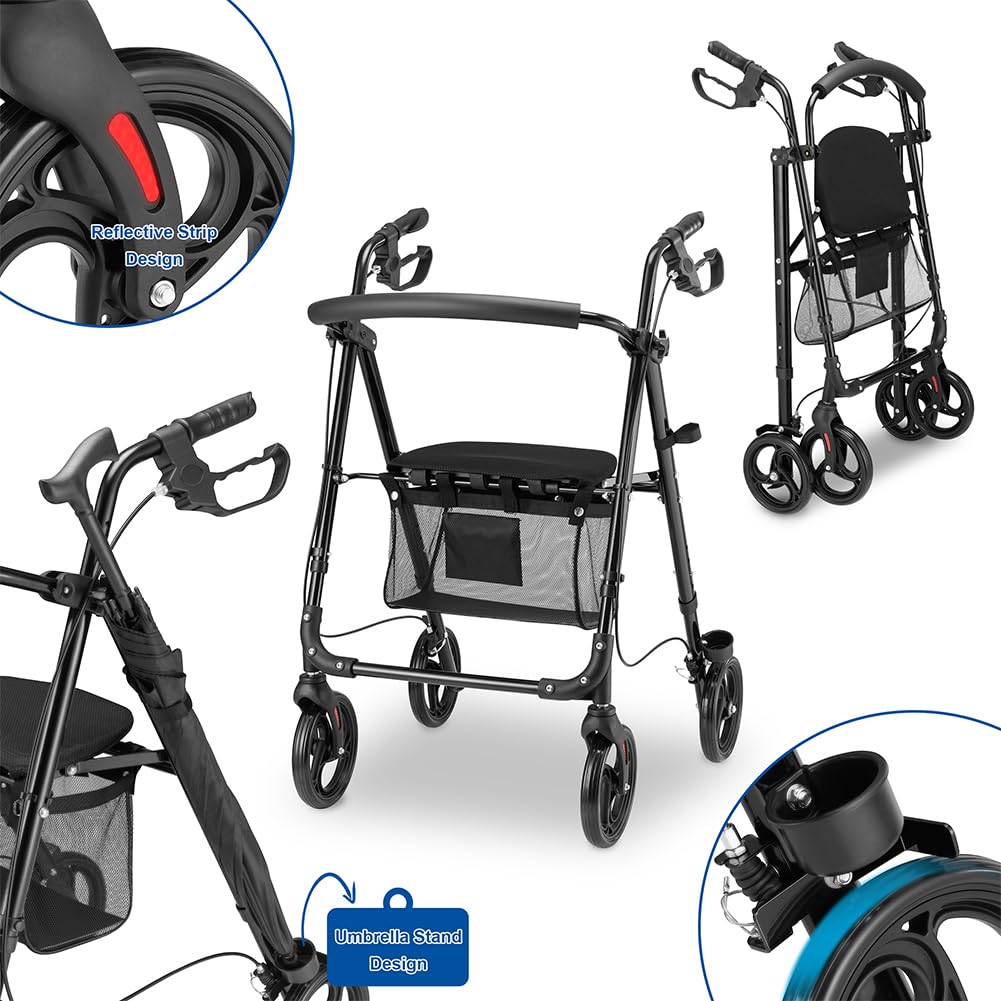 BAKAJI Andador plegable y ahorra espacio con asiento y bolsa de red portaobjetos, Walker Rollator con soporte para paraguas, ideal para personas mayores, discapacitados y personas con movilidad