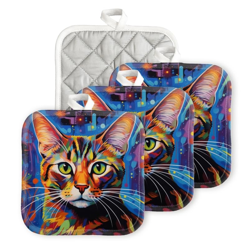 BaHomeck Pot Holder for Kitchen 4pcs,Colorful Painting of Bengal cat Full-Body Portrait Square Heat Resistant Hotpads Non Slip Dirt-Proof Kitchen Cook Oven Potholders Machine Washable,7x7in
