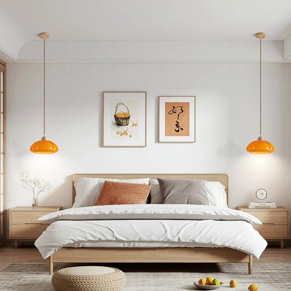 Modern Orange Glass Light Pumpkin Shade Minimalist Wood Kitchen Island Chandelier Vintage Hanging Ceiling Light for Kitchen Island Dining Room Bar Hallway