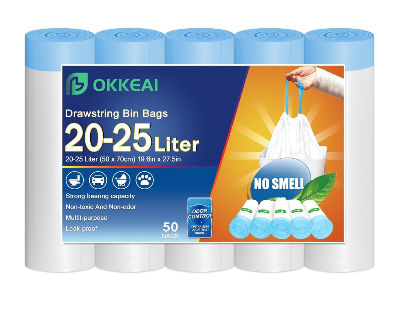 OKKEAI Pedal Bin Liners 20-25L Bin Bags Drawstring Tie Handle White Plastic Strong Waste Bags Kitchen Garbage Bags 50 Counts Tall Trash Bags, Fit 15L,23L,30L Medium (50x70cm)