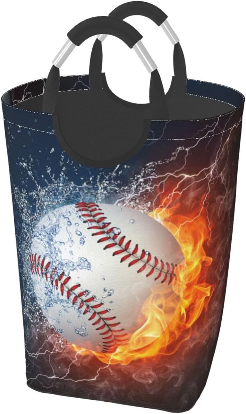 LIBIFALL Baseball In Fire And Water Laundry Basket Sport 50L Large Collapsible Laundry Hamper Bag Clothes Hampers with Handles Storage For Dorm Family