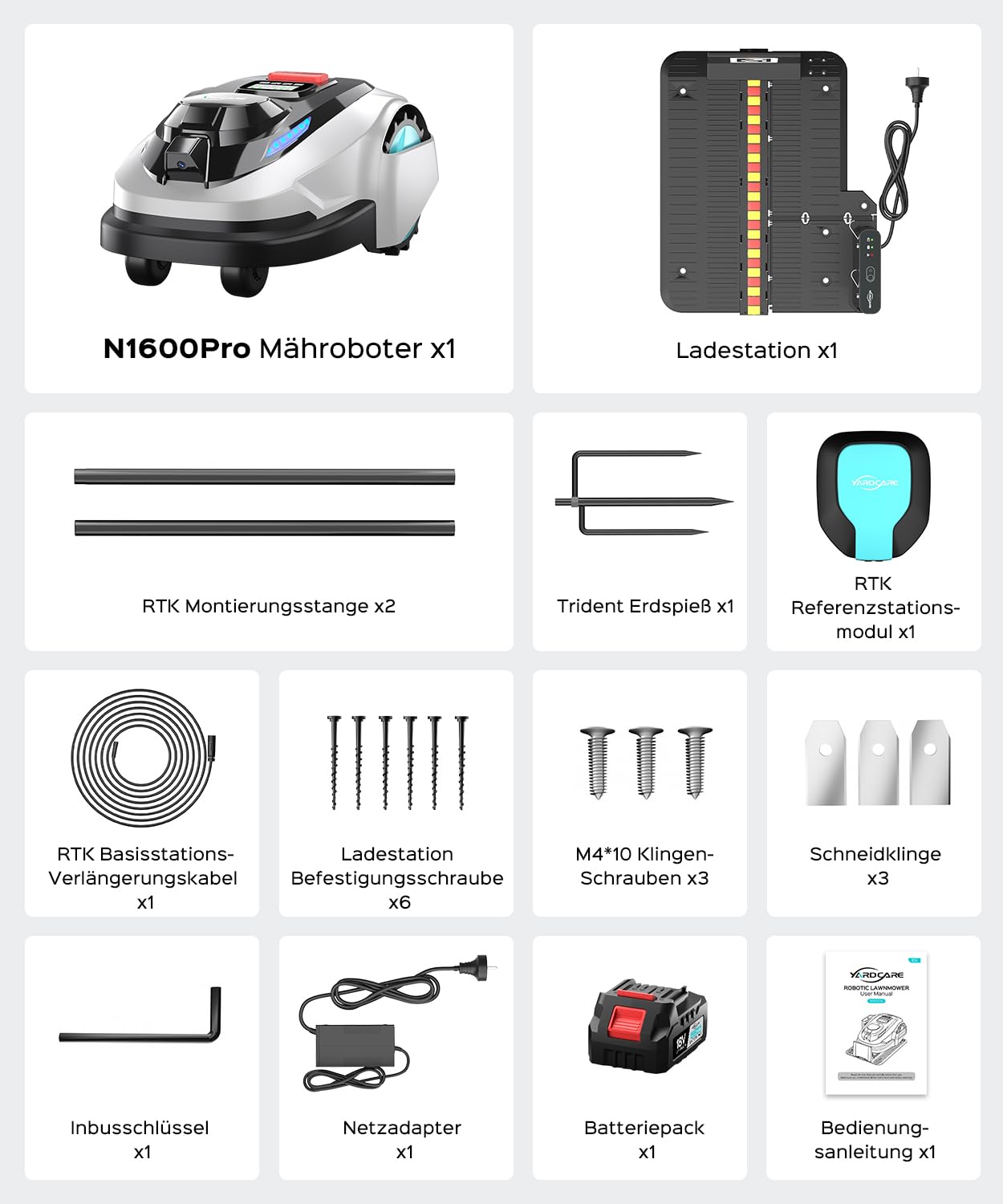 (2026 Upgrade) YARDCARE N1600 PRO Mähroboter ohne Begrenzungskabel, Empf. 1600 m² – Rasenroboter mit RTK & Vision, U-förmiges Mähmuster, Multizonen-Management, App-Steuerung und KI Hindernisvermeidung