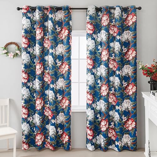 Homxi Cortinas Blackout 2 Paneles Baratas,2 x 130W x 214H CM,Cortina Puerta Patrón de Hojas y Flores Azul Cortina con Ojales