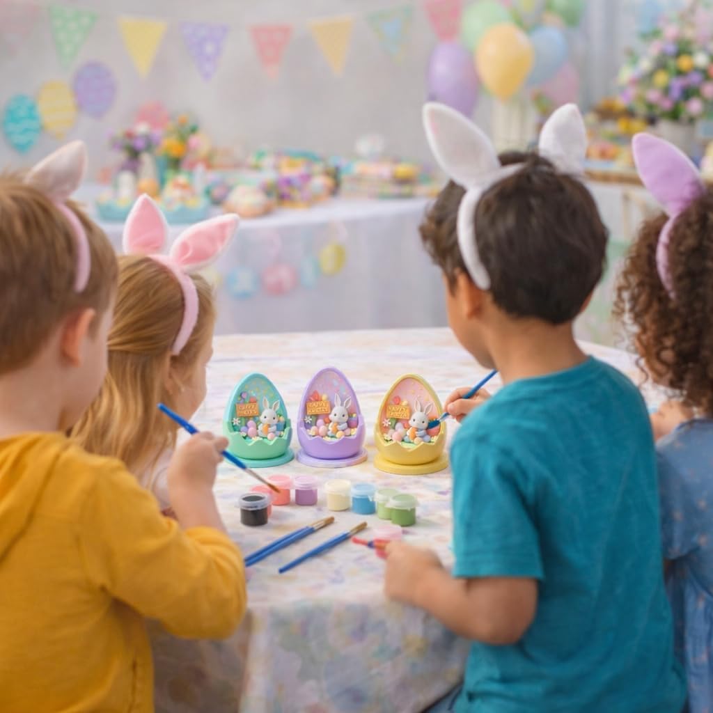 DorDor & GorGor Easter Bunny Egg Painting Kit – DIY Easter Craft Set with Bunny Egg Figurine, 6 Acrylic Paint Colors & Brush, Easter Basket Stuffer, Easter Activity & Holiday Table Decoration