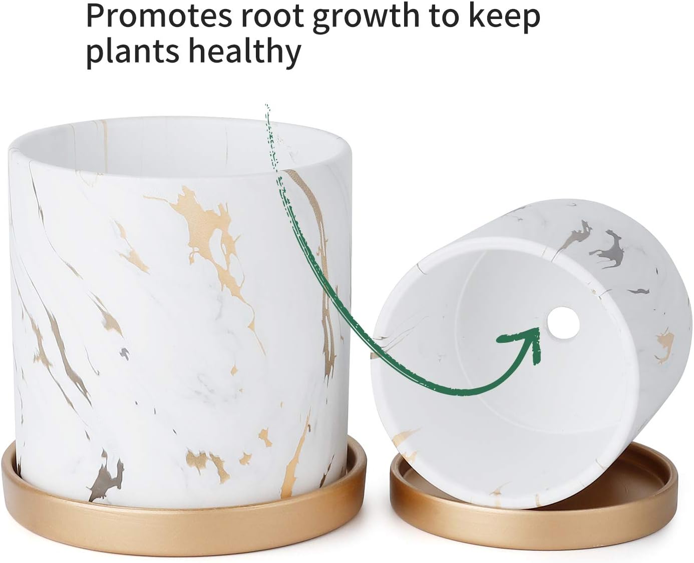 POTEY Ceramic Flower Plants Pots Planter - 3.8 Inch + 5.1 Inch Marble Container Drainage with Sacuer Indoor Herb Garden Bonsai Planting - Set of 2 (White)