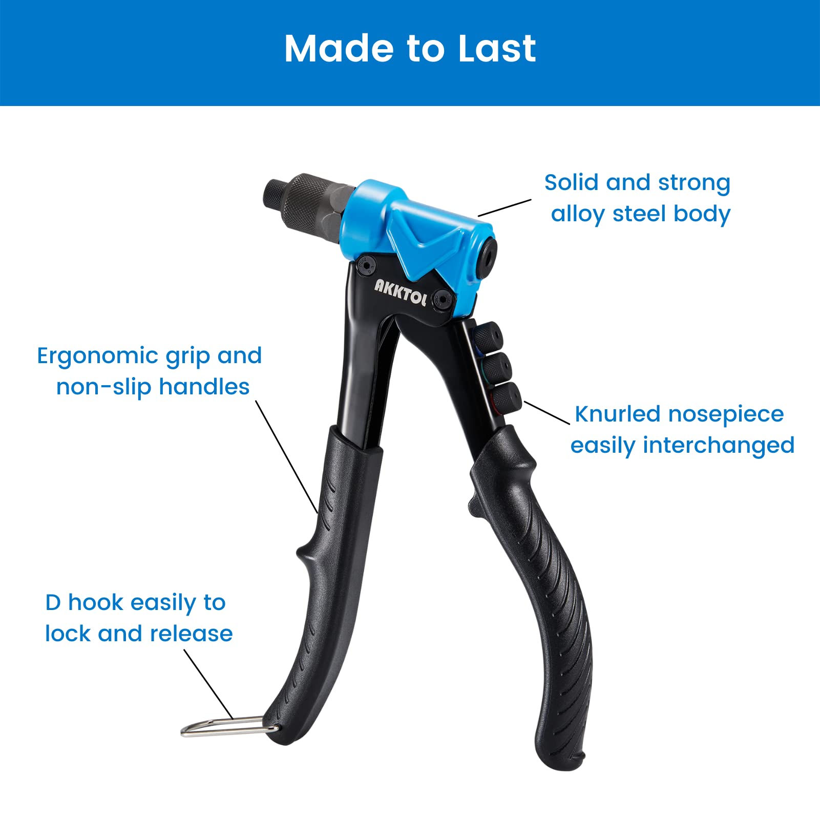 AKKTOL Rivet Gun with 200Pcs Rivets, Pop Rivet Gun with 4