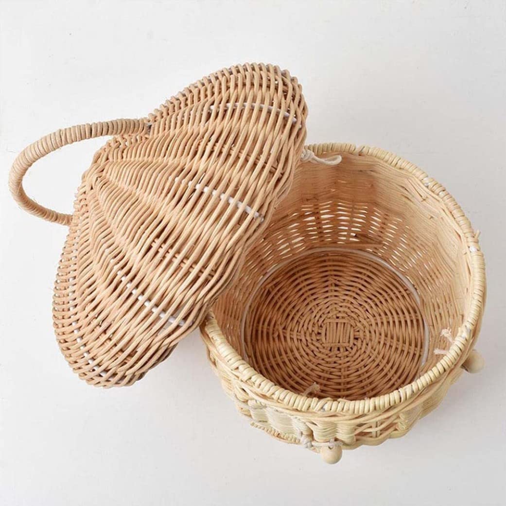 Cesta de almacenamiento de ratán - Cesta tejida con forma de seta con tapa y asa, organizador de estantes