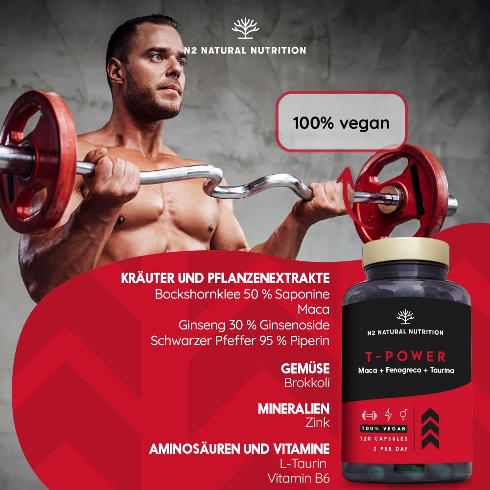 T-Power Natürliche Ergänzung. 120 Vegane Kapseln. N2 Natural Nutrition