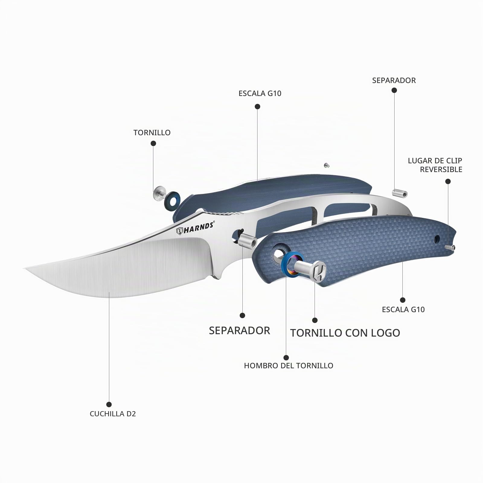Harnds Tiburón Cuchillo de Hoja Fija para Outdoor con Funda Kydex Hoja de Acero D2 Ideal Cuchillo de Camping Cuchillo de Supervivencia Premium Cuchillo Bushcraft (Gris - Satín)