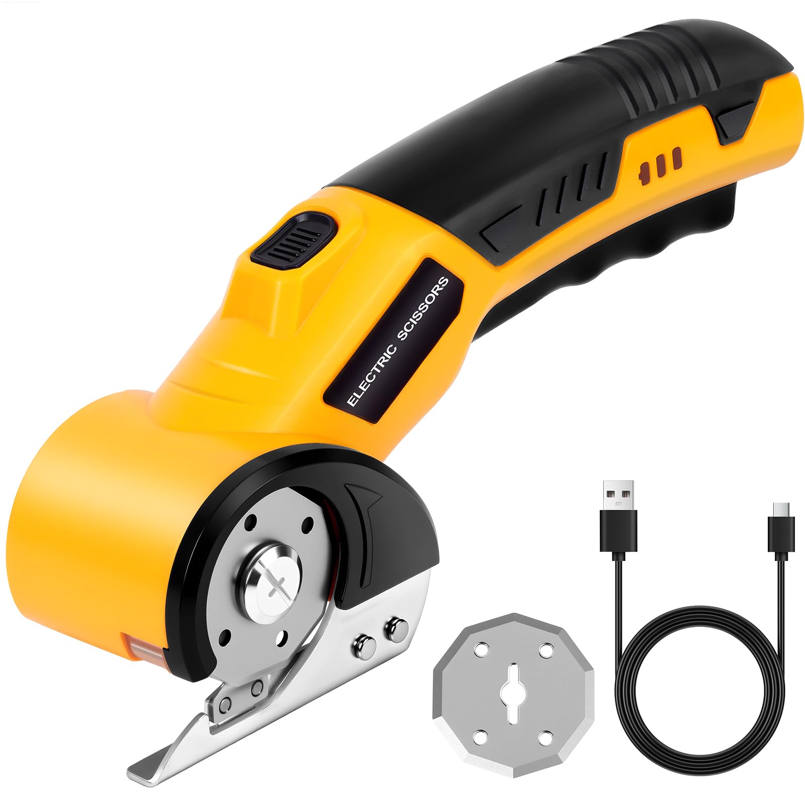 HOTUT Tijeras Eléctricas Sin Cable, Cúter Circular, Mini Cutter Eléctrico, Recargable Con Diseño De Corte Rotativo, Carga USB, Gatillo Extralargo, Luz LED,Cortador Alfombras Y Cartón