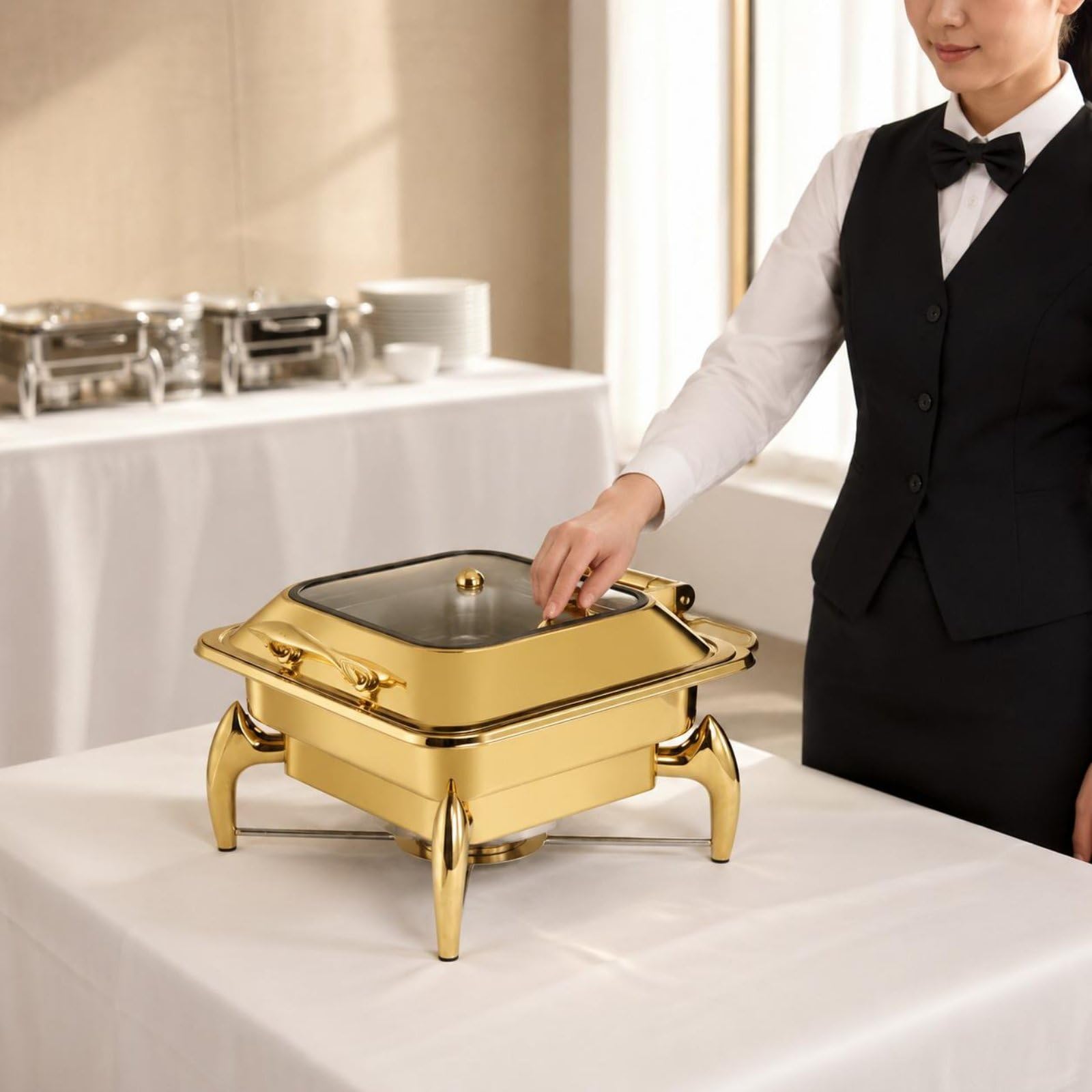Chafing Dish Acabado Dorado Baño María Buffet Diseño Elegante Calentador Bufé para Catering, Comedor, Cuadrado De 6L con Tapa Extraíble