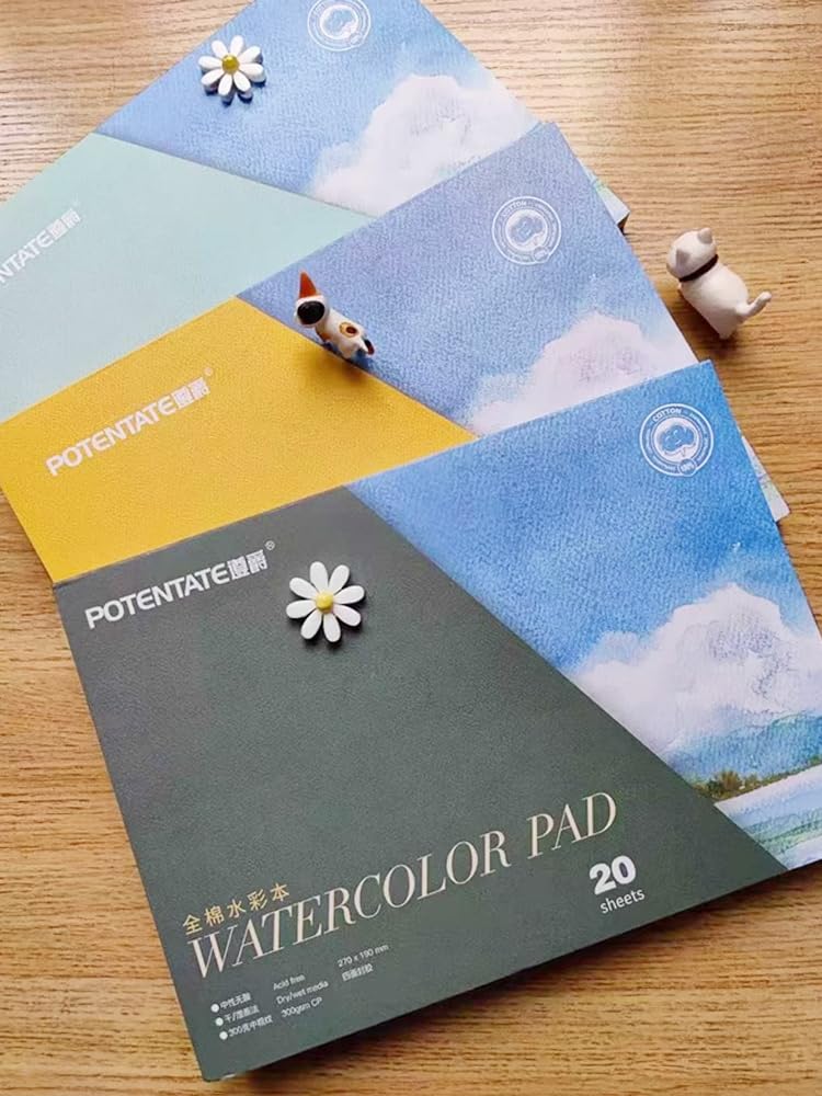 Potentate Baumwoll-Aquarellpapierblock, strukturierte Oberfläche, Aquarellpapierblock, 300 g/m², 20 Blatt zum Malen und Zeichnen, nasses, gemischtes Künstler-Malbuch (raue Körnung)