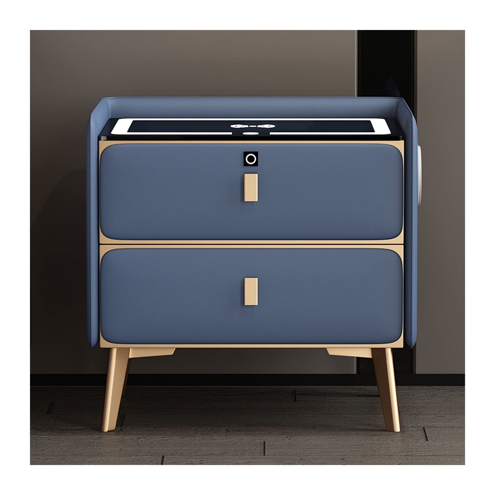 ASerZenith Smart Nightstand Bedside Tables Charging Station And Led Lights,Bedside Table With 2-Drawer And Fingerprint Unlock, Speaker, Nightstands For Bedroom,Blue