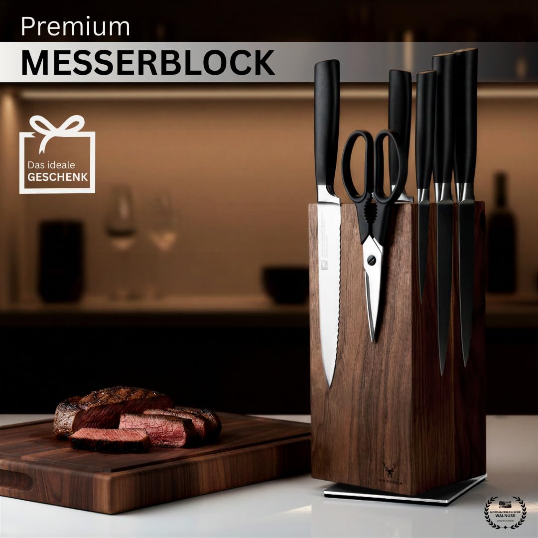 Messerblock ohne Messer magnetisch [Premium] | 360° drehbar | 5,2 kg extra schwer | Rutschfeste Edelstahl-Basis | Nordamerikanische Walnuss