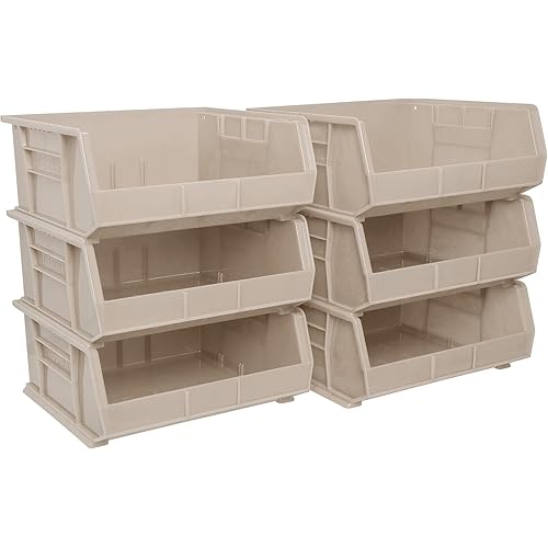Akro-Mils 30235 AkroBins Plastic Storage Bins, Space-Saving Stackable Bins for Garage, Pantry, Craft Organization, 11" x 11" x 5", Stone, 6-Pack